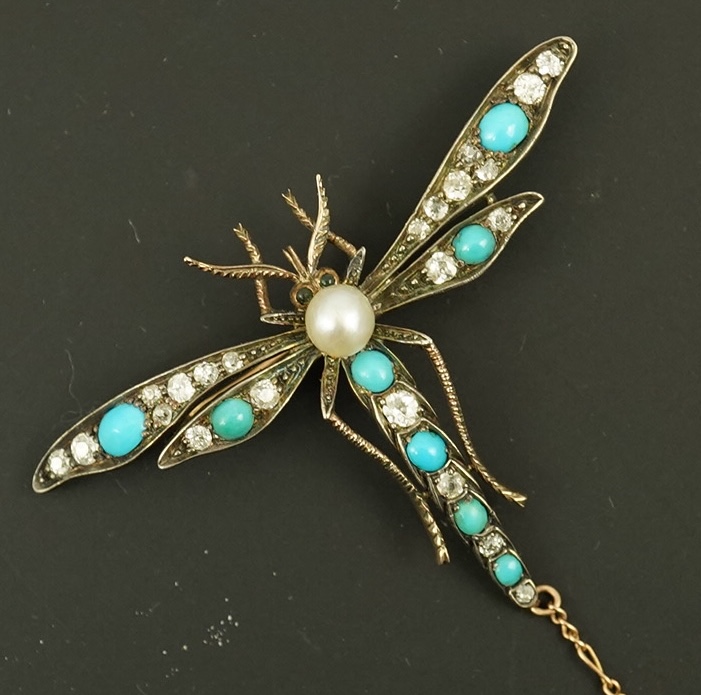 A late Victorian gold and silver, diamond, turquoise and pearl set dragonfly brooch